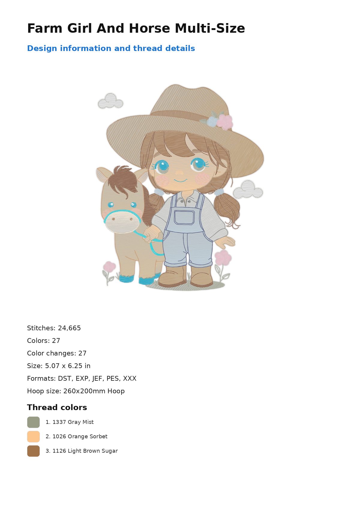 Farm Girl And Horse Multi-Size free machine embroidery design — 5.07×6.25 in — 24,665 stitches — 27 colors — DST, EXP, JEF, PES, XXX