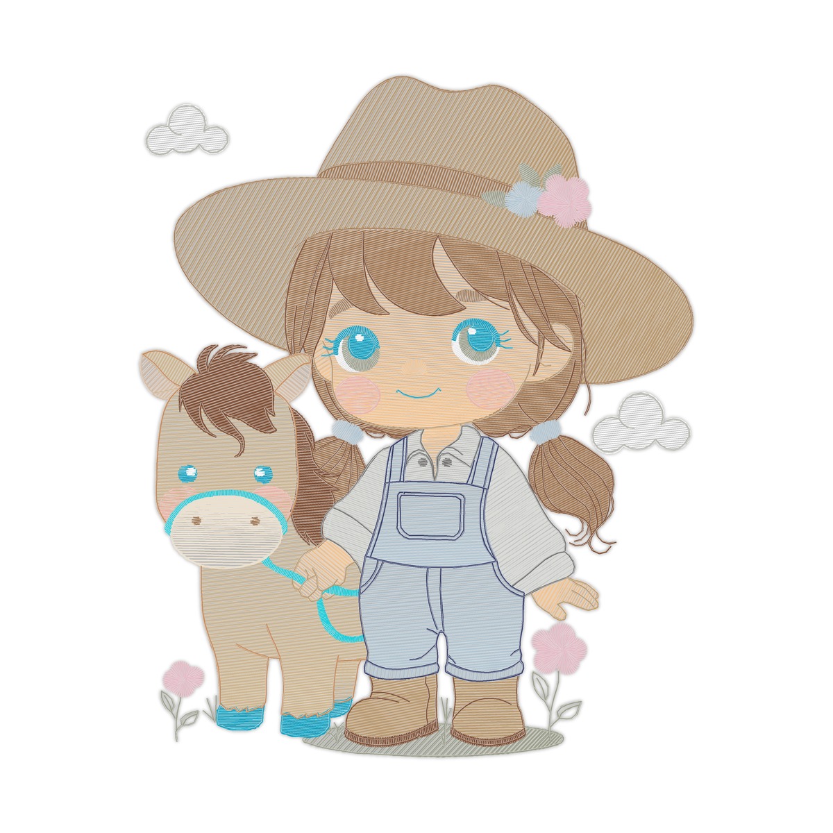 Farm Girl And Horse Multi-Size free machine embroidery design — 5.72×7.05 in — 29,066 stitches — 27 colors — DST, EXP, JEF, PES, XXX