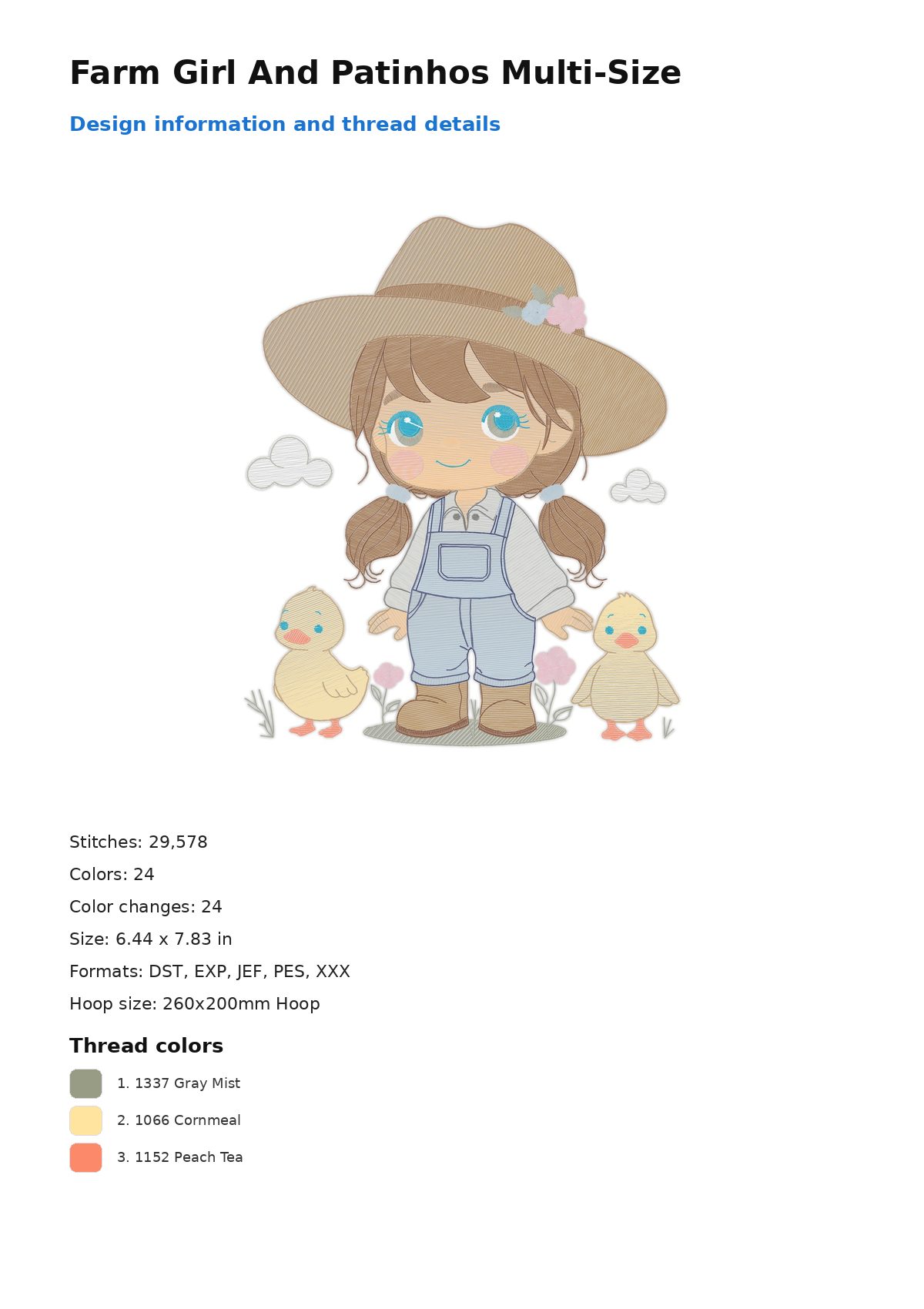 Farm Girl And Patinhos Multi-Size free machine embroidery design — 6.44×7.83 in — 29,578 stitches — 24 colors — DST, EXP, JEF, PES, XXX