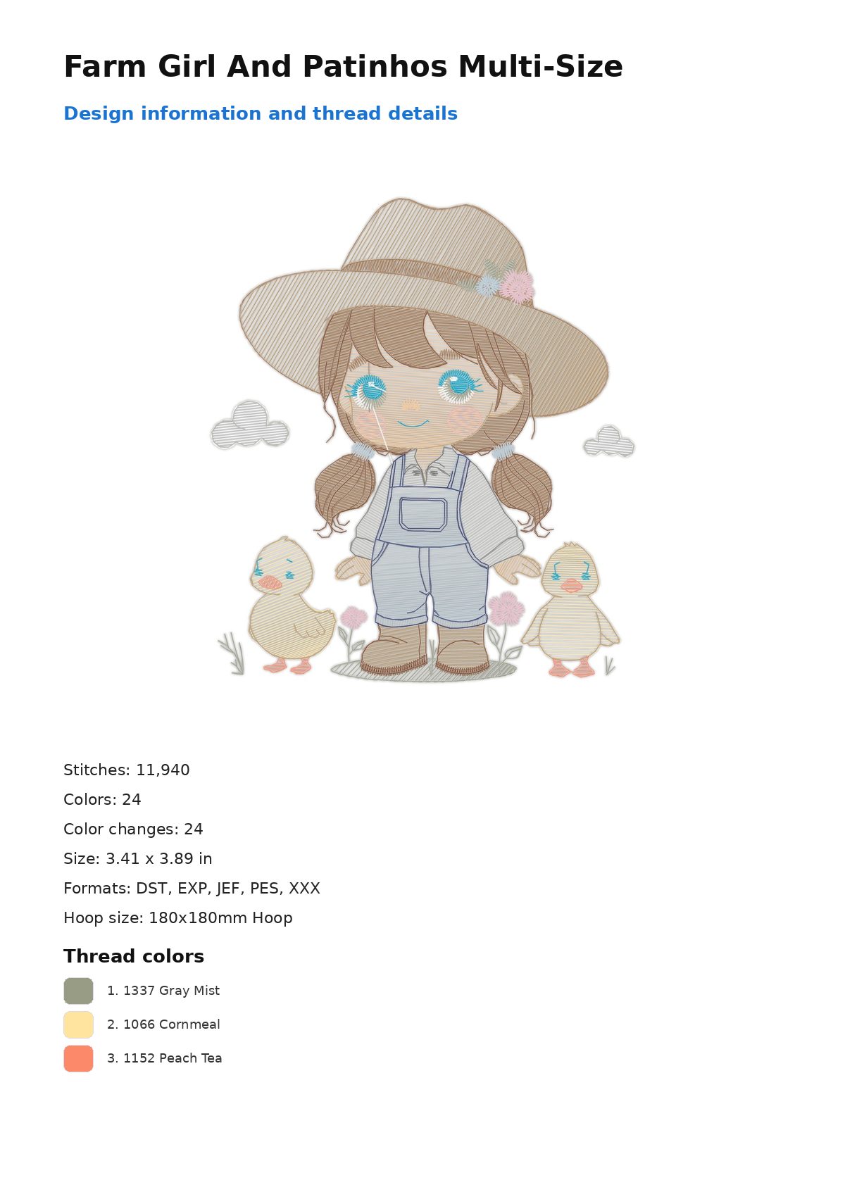 Farm Girl And Patinhos Multi-Size free machine embroidery design — 3.41×3.89 in — 11,940 stitches — 24 colors — DST, EXP, JEF, PES, XXX