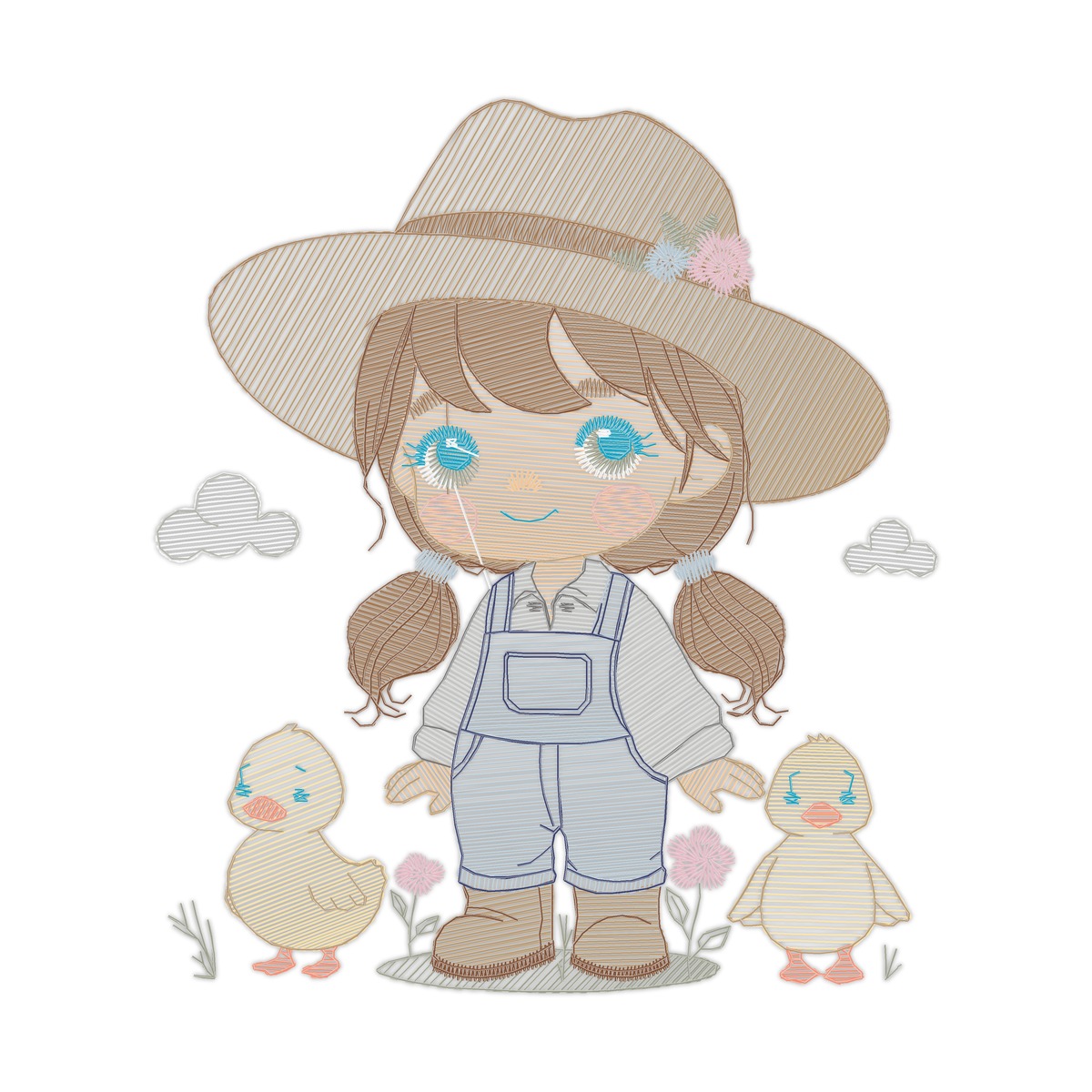 Farm Girl And Patinhos Multi-Size free machine embroidery design — 3.41×3.89 in — 11,940 stitches — 24 colors — DST, EXP, JEF, PES, XXX