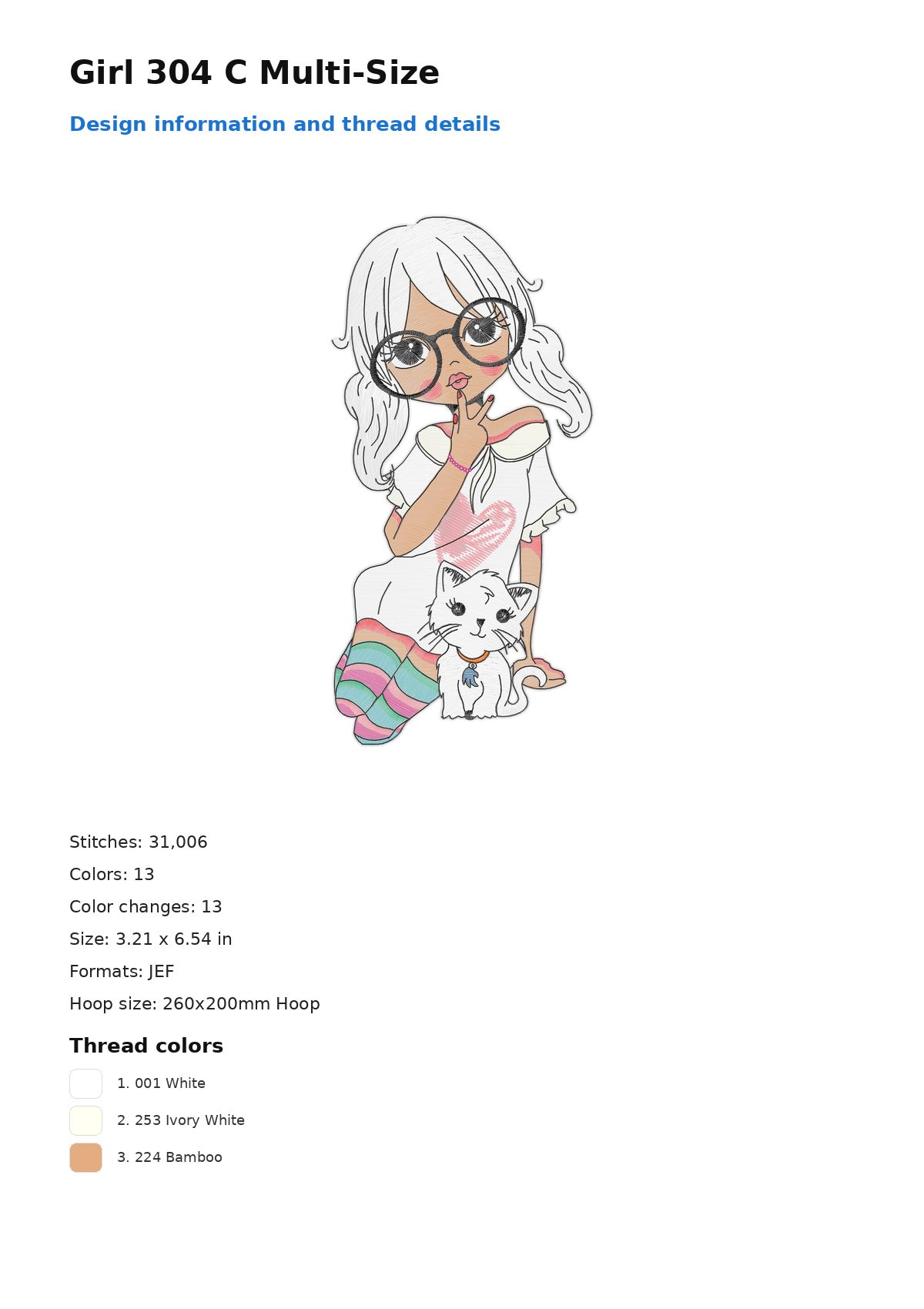 Girl 304 C Multi-Size free machine embroidery design — 3.21×6.54 in — 31,006 stitches — 13 colors — JEF