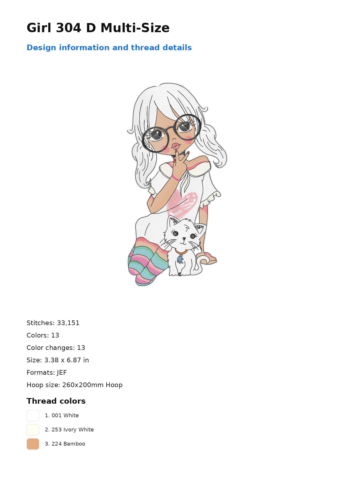 Girl 304 D Multi-Size free machine embroidery design — 3.38×6.87 in — 33,151 stitches — 13 colors — JEF