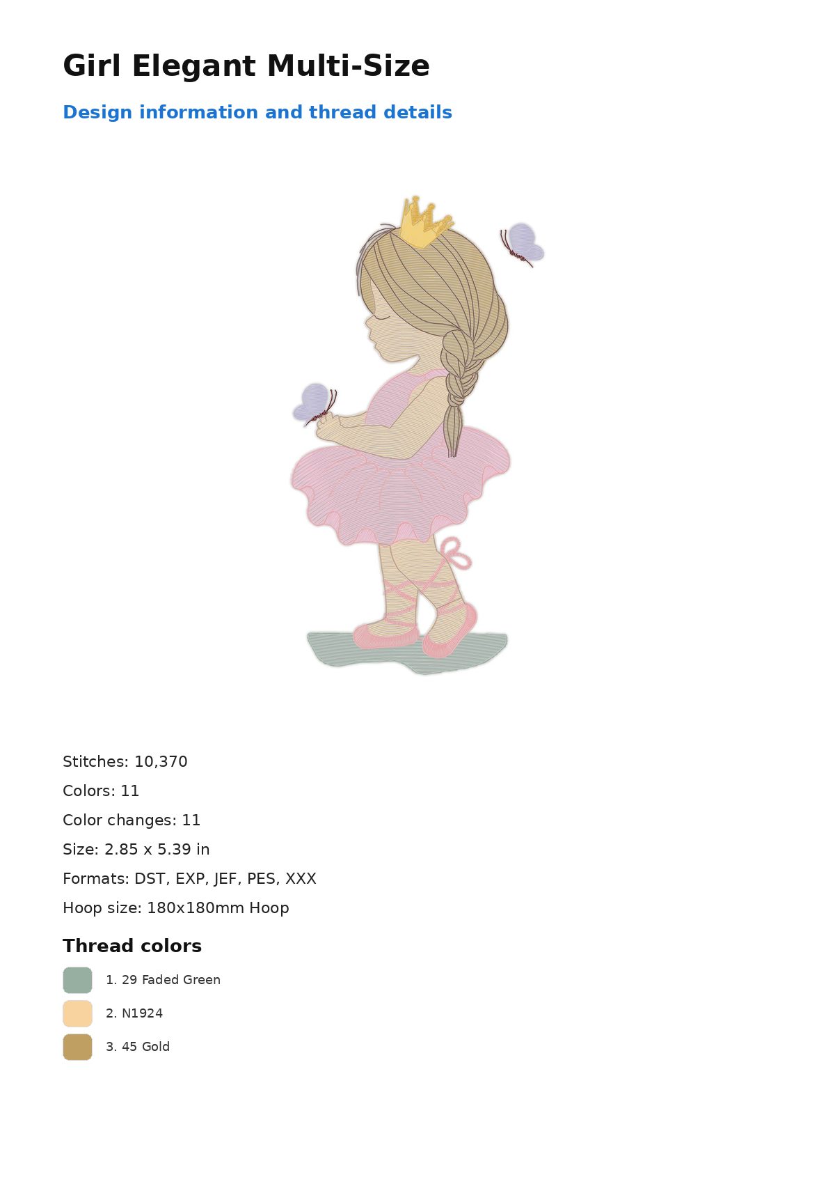 Girl Elegant Multi-Size free machine embroidery design — 2.85×5.39 in — 10,370 stitches — 11 colors — DST, EXP, JEF, PES, XXX