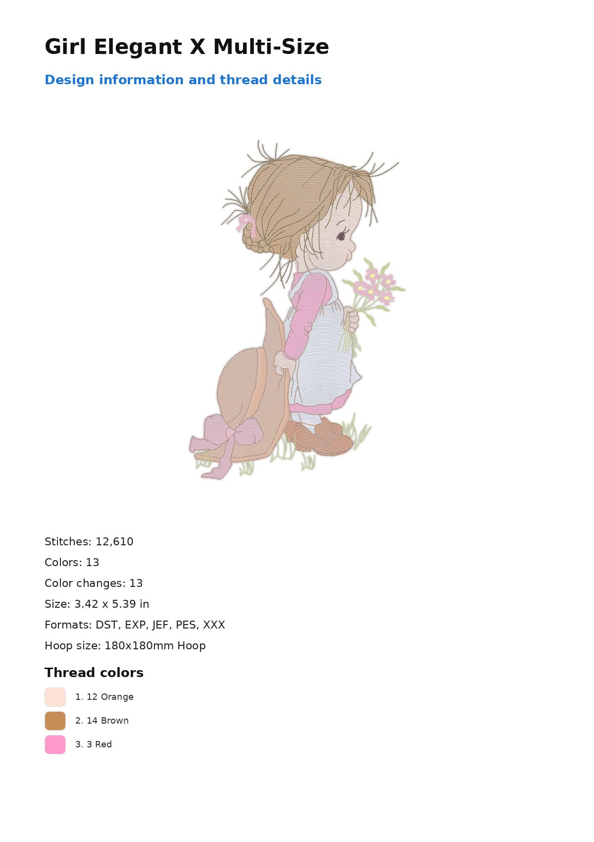 Girl Elegant X Multi-Size free machine embroidery design — 3.42×5.39 in — 12,610 stitches — 13 colors — DST, EXP, JEF, PES, XXX