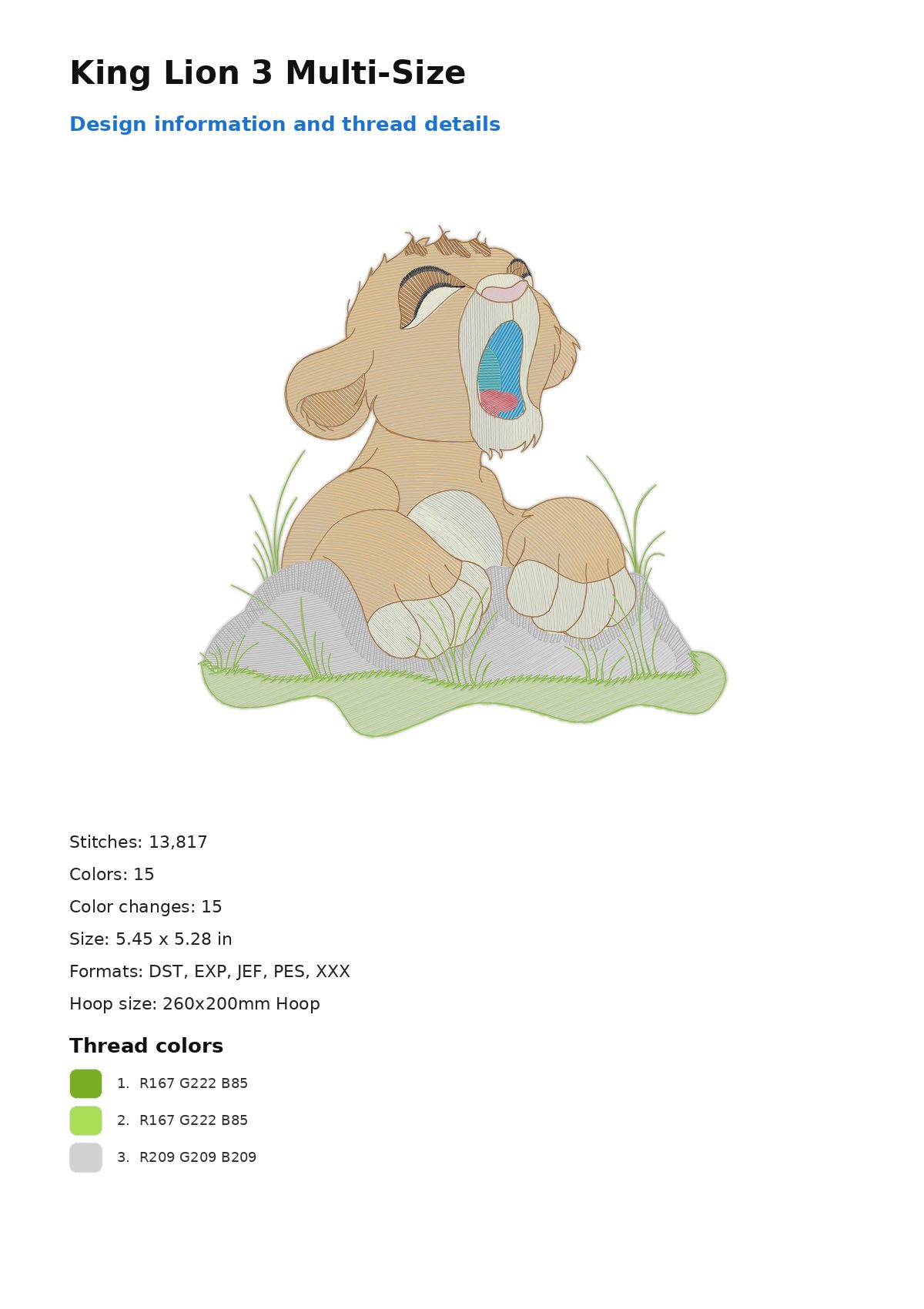 King Lion 3 Multi-Size free machine embroidery design — 5.45×5.28 in — 13,817 stitches — 15 colors — DST, EXP, JEF, PES, XXX