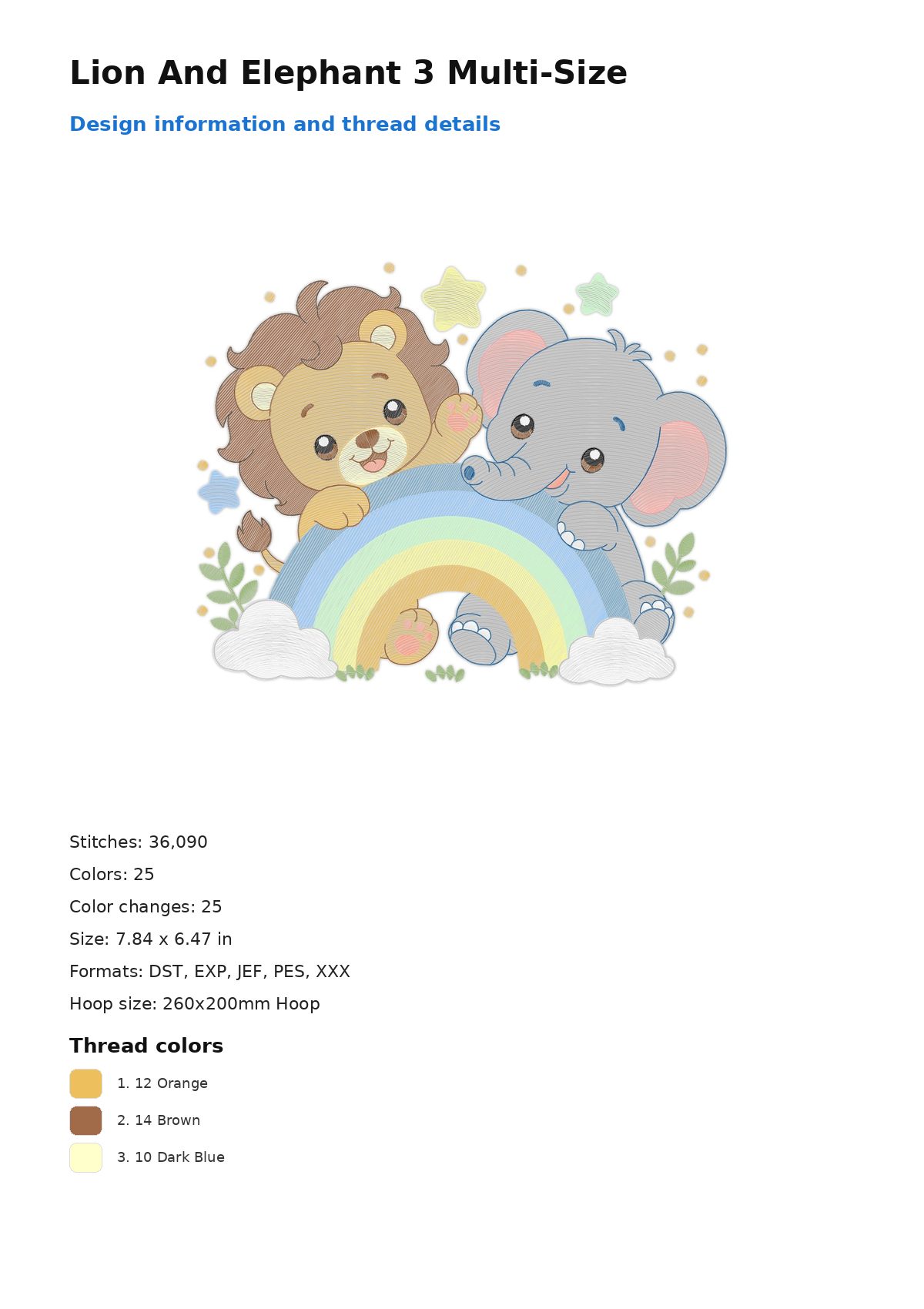 Lion And Elephant 3 Multi-Size free machine embroidery design — 7.84×6.47 in — 36,090 stitches — 25 colors — DST, EXP, JEF, PES, XXX