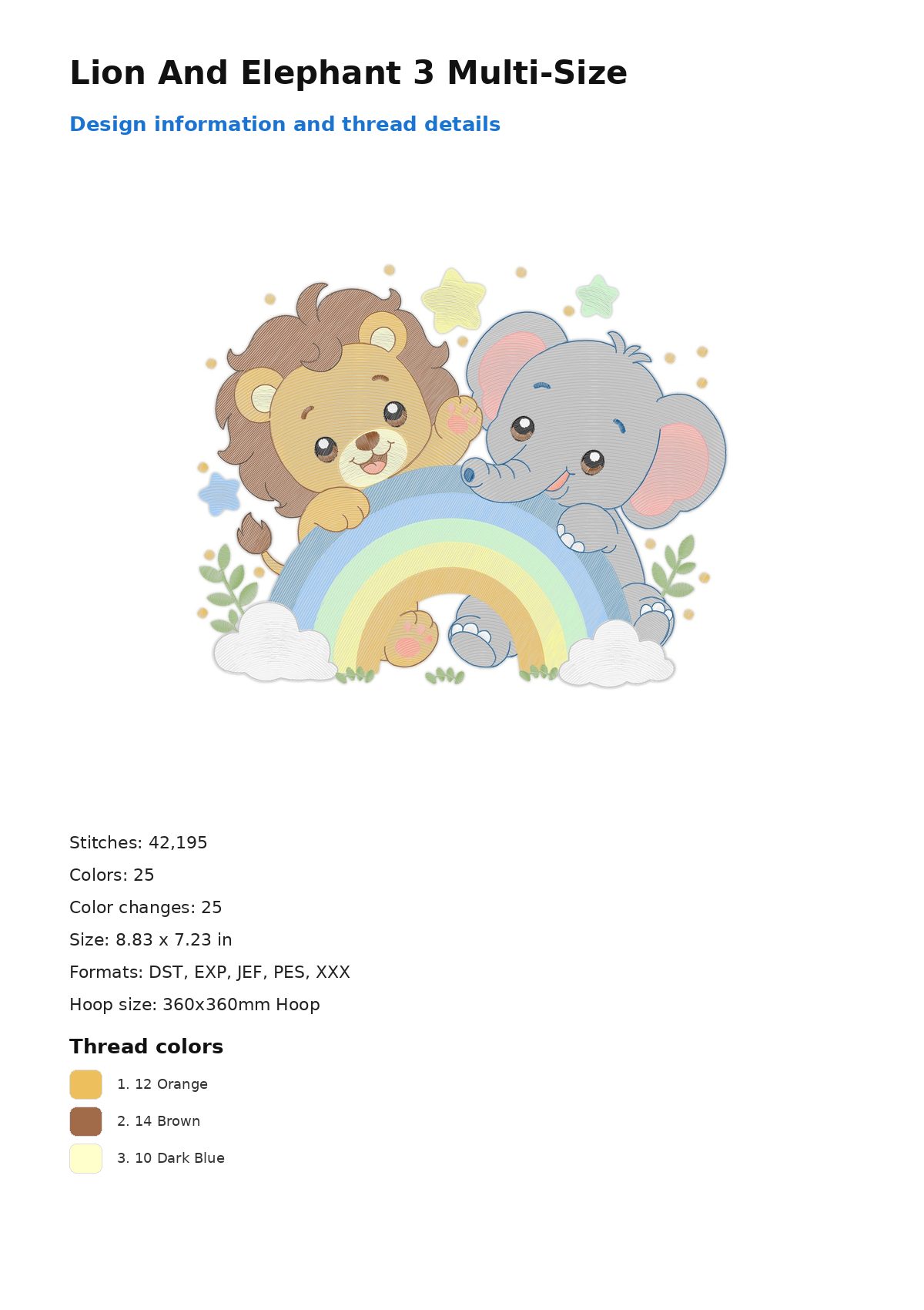 Lion And Elephant 3 Multi-Size free machine embroidery design — 8.83×7.23 in — 42,195 stitches — 25 colors — DST, EXP, JEF, PES, XXX