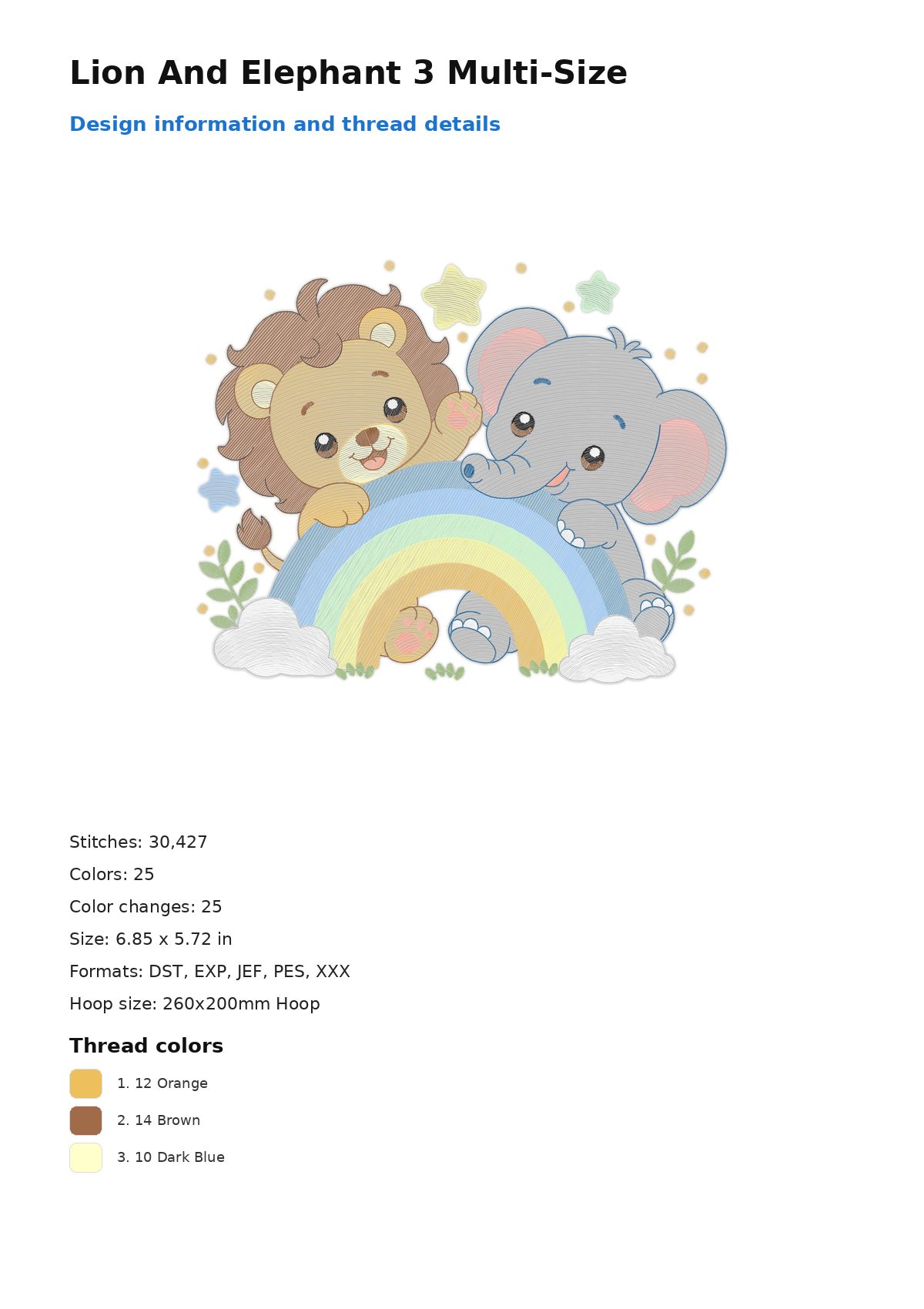 Lion And Elephant 3 Multi-Size free machine embroidery design — 6.85×5.72 in — 30,427 stitches — 25 colors — DST, EXP, JEF, PES, XXX