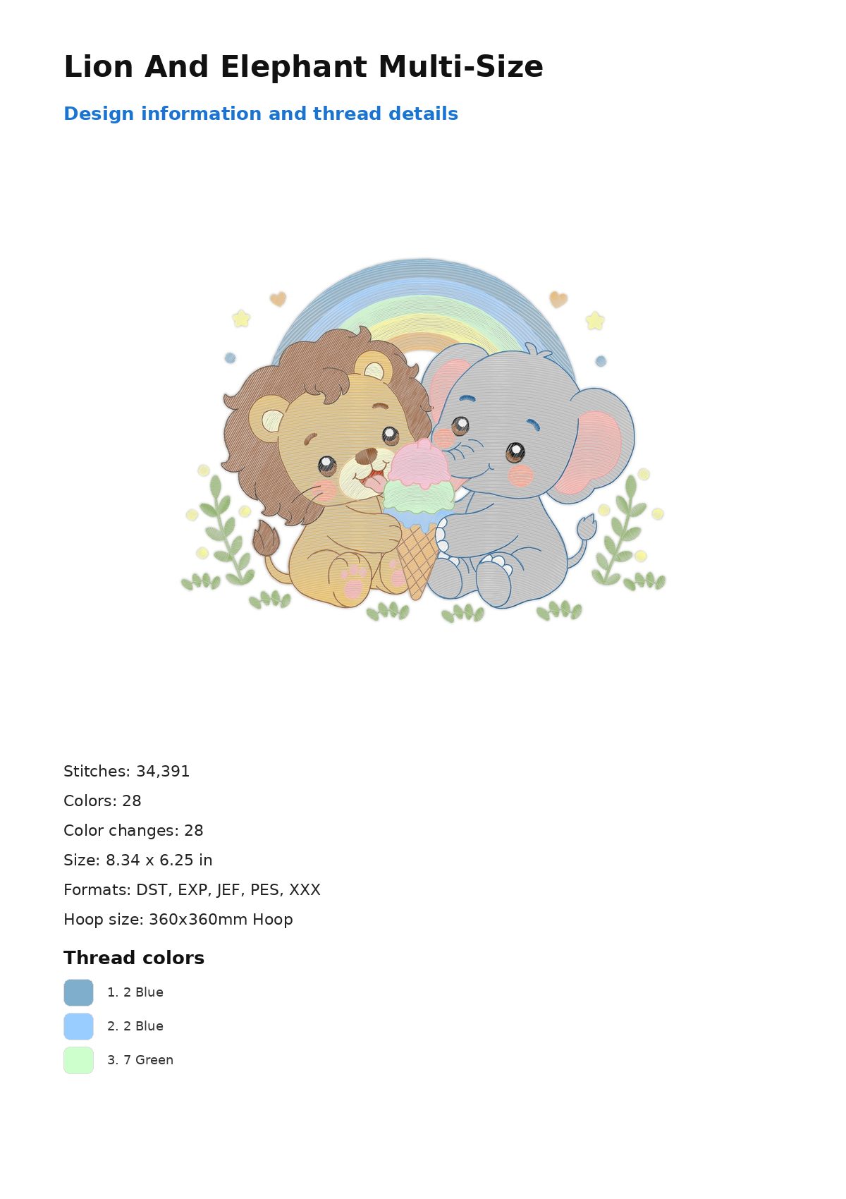 Lion And Elephant Multi-Size free machine embroidery design — 8.34×6.25 in — 34,391 stitches — 28 colors — DST, EXP, JEF, PES, XXX