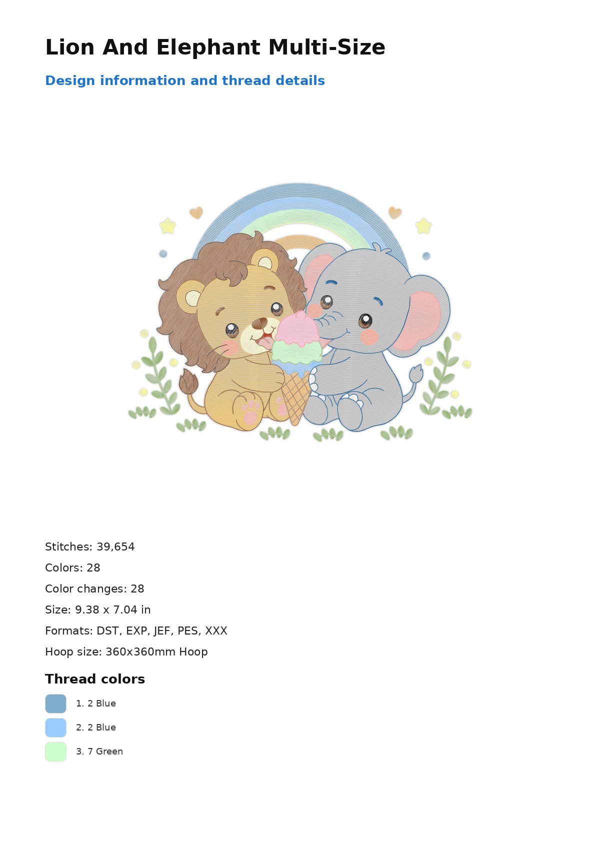 Lion And Elephant Multi-Size free machine embroidery design — 9.38×7.04 in — 39,654 stitches — 28 colors — DST, EXP, JEF, PES, XXX