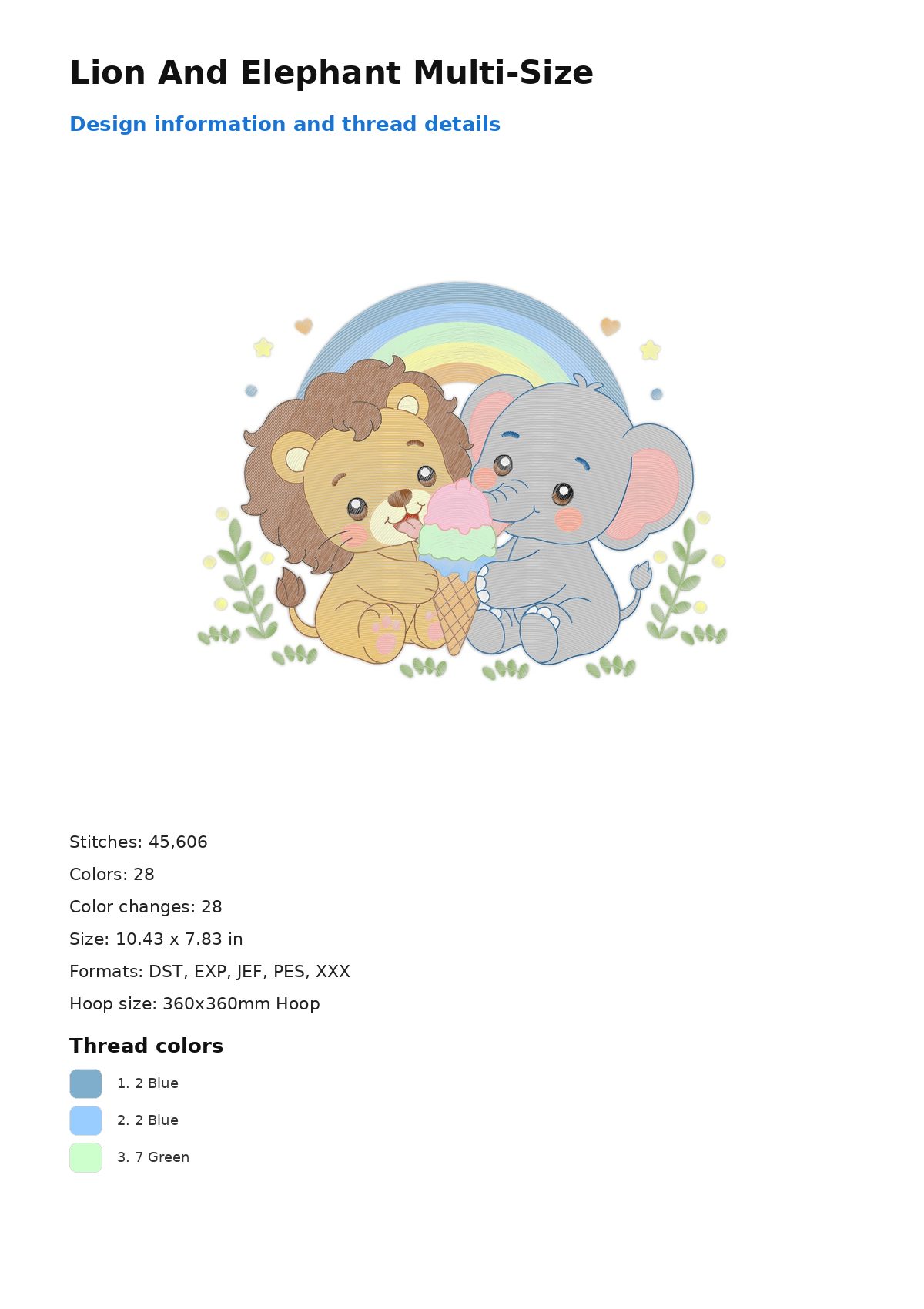 Lion And Elephant Multi-Size free machine embroidery design — 10.43×7.83 in — 45,606 stitches — 28 colors — DST, EXP, JEF, PES, XXX