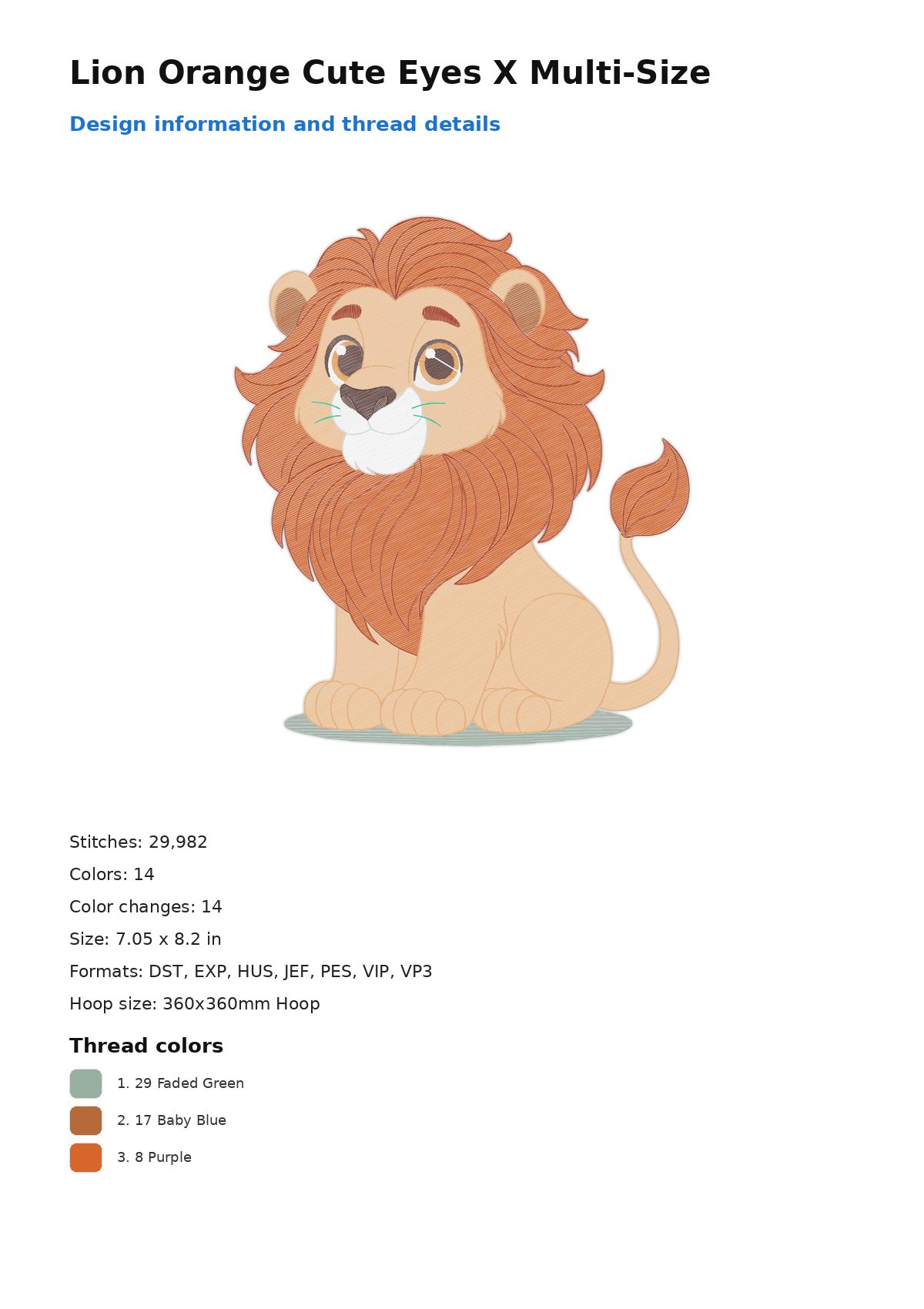 Lion Orange Cute Eyes X Multi-Size free machine embroidery design — 7.05×8.2 in — 29,982 stitches — 14 colors — DST, EXP, HUS, JEF, PES
