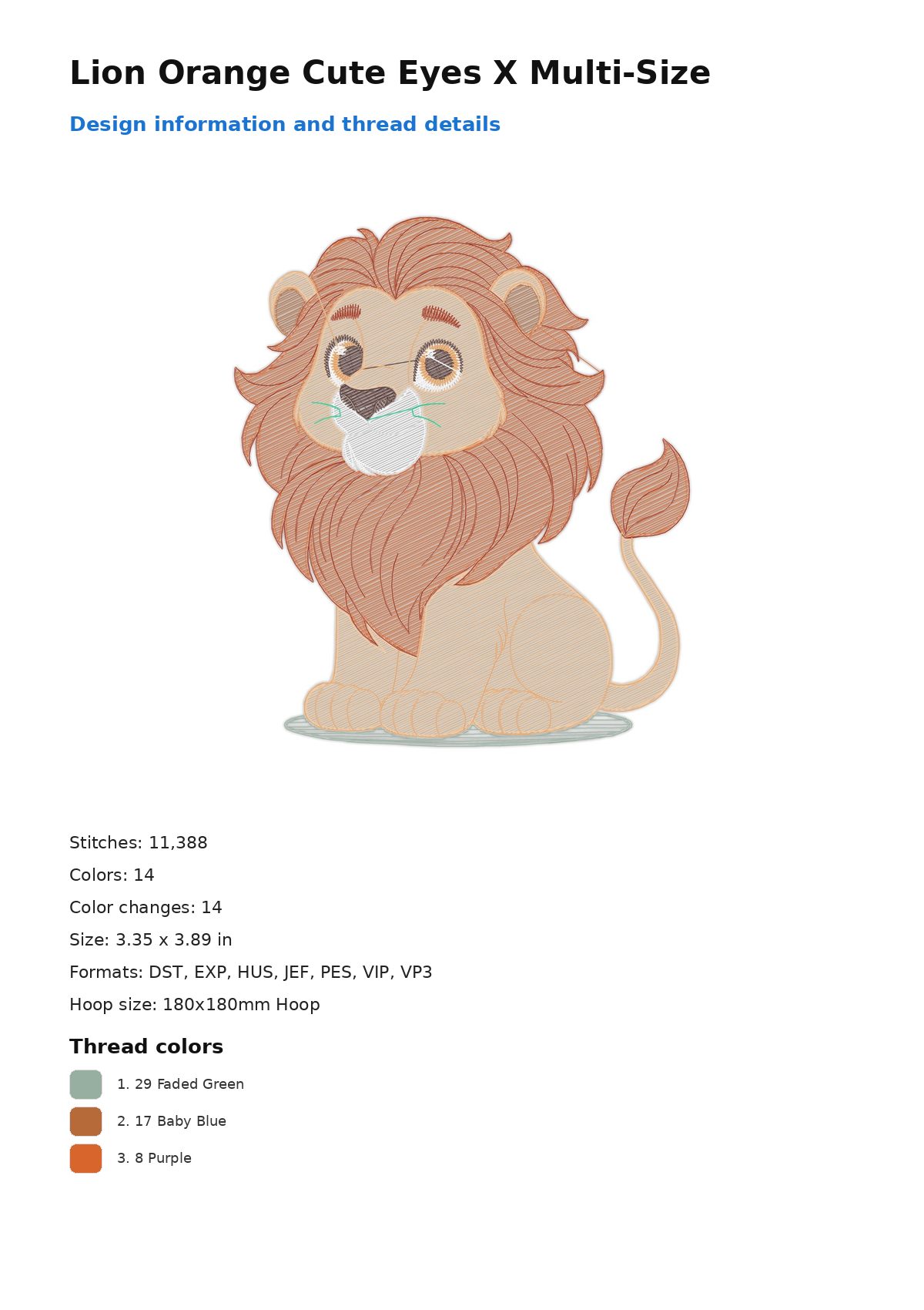 Lion Orange Cute Eyes X Multi-Size free machine embroidery design — 3.35×3.89 in — 11,388 stitches — 14 colors — DST, EXP, HUS, JEF, PES