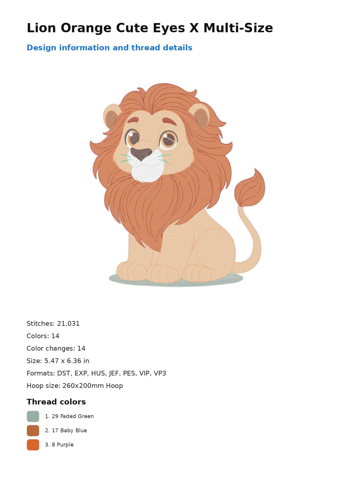 Lion Orange Cute Eyes X Multi-Size free machine embroidery design — 5.47×6.36 in — 21,031 stitches — 14 colors — DST, EXP, HUS, JEF, PES