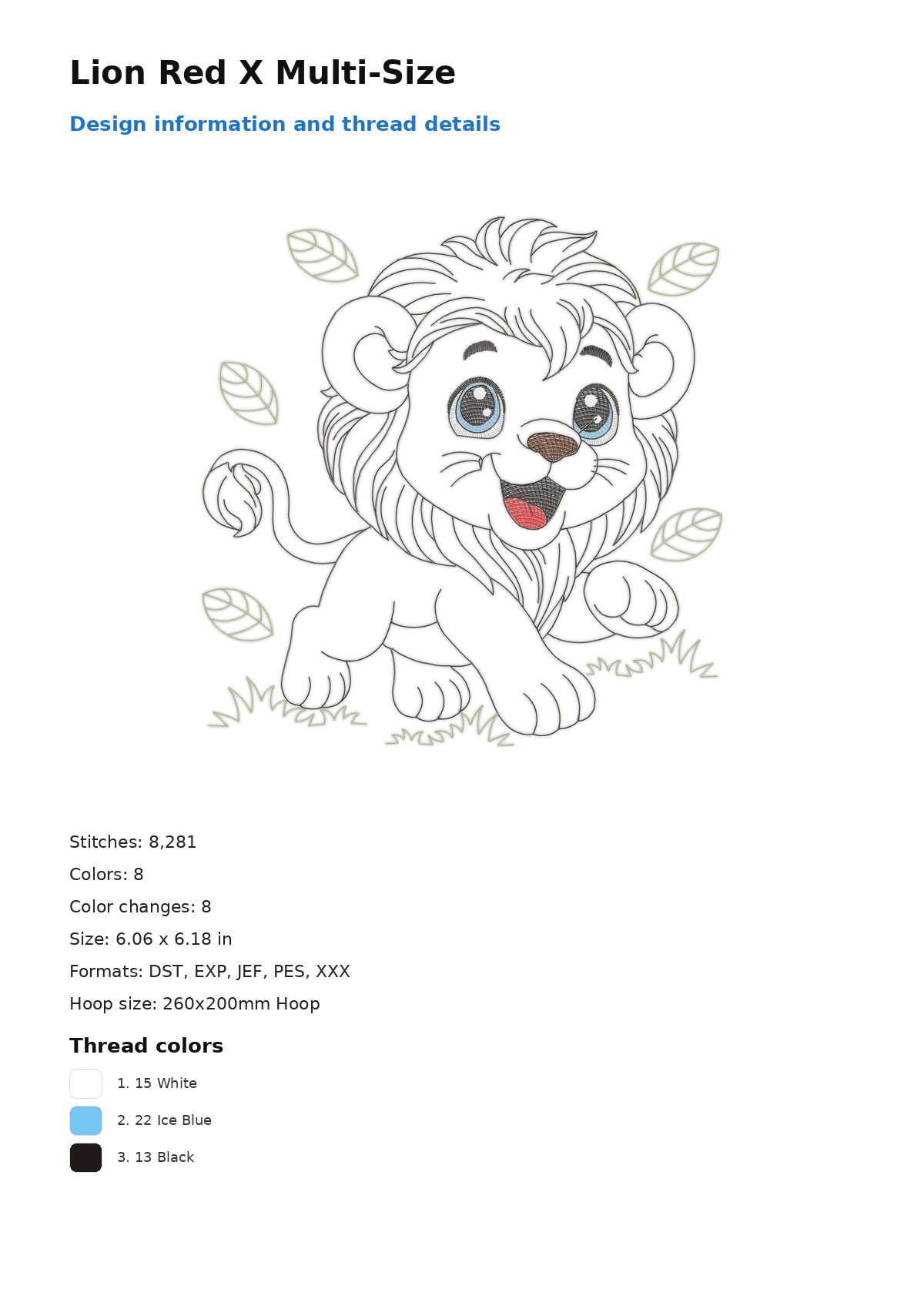 Lion Red X Multi-Size free machine embroidery design — 6.06×6.18 in — 8,281 stitches — 8 colors — DST, EXP, JEF, PES, XXX