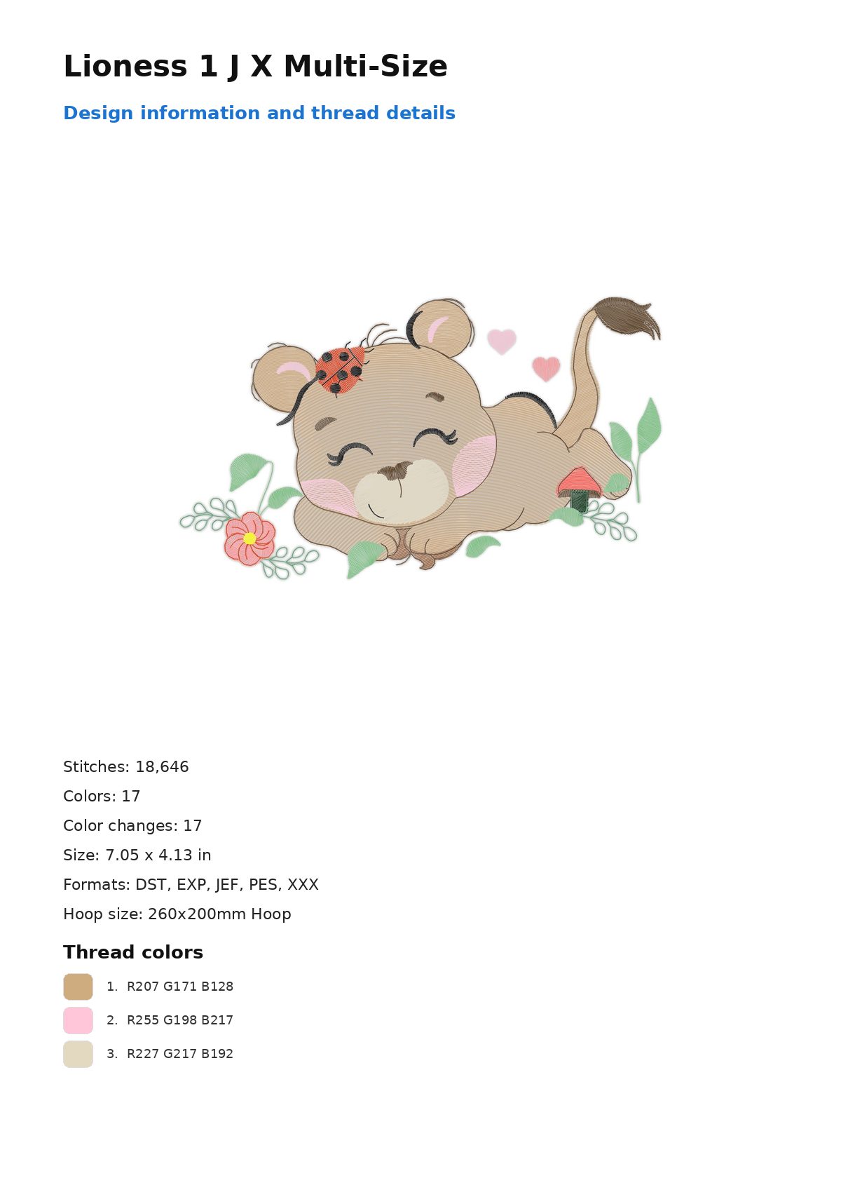 Lioness 1 J X Multi-Size free machine embroidery design — 7.05×4.13 in — 18,646 stitches — 17 colors — DST, EXP, JEF, PES, XXX