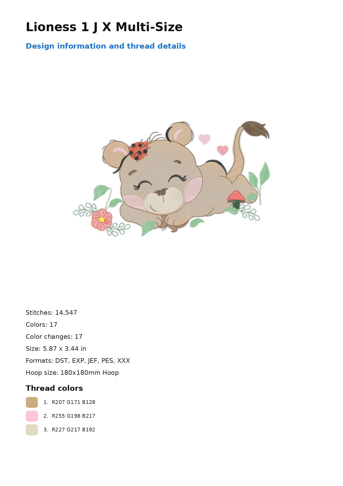 Lioness 1 J X Multi-Size free machine embroidery design — 5.87×3.44 in — 14,547 stitches — 17 colors — DST, EXP, JEF, PES, XXX