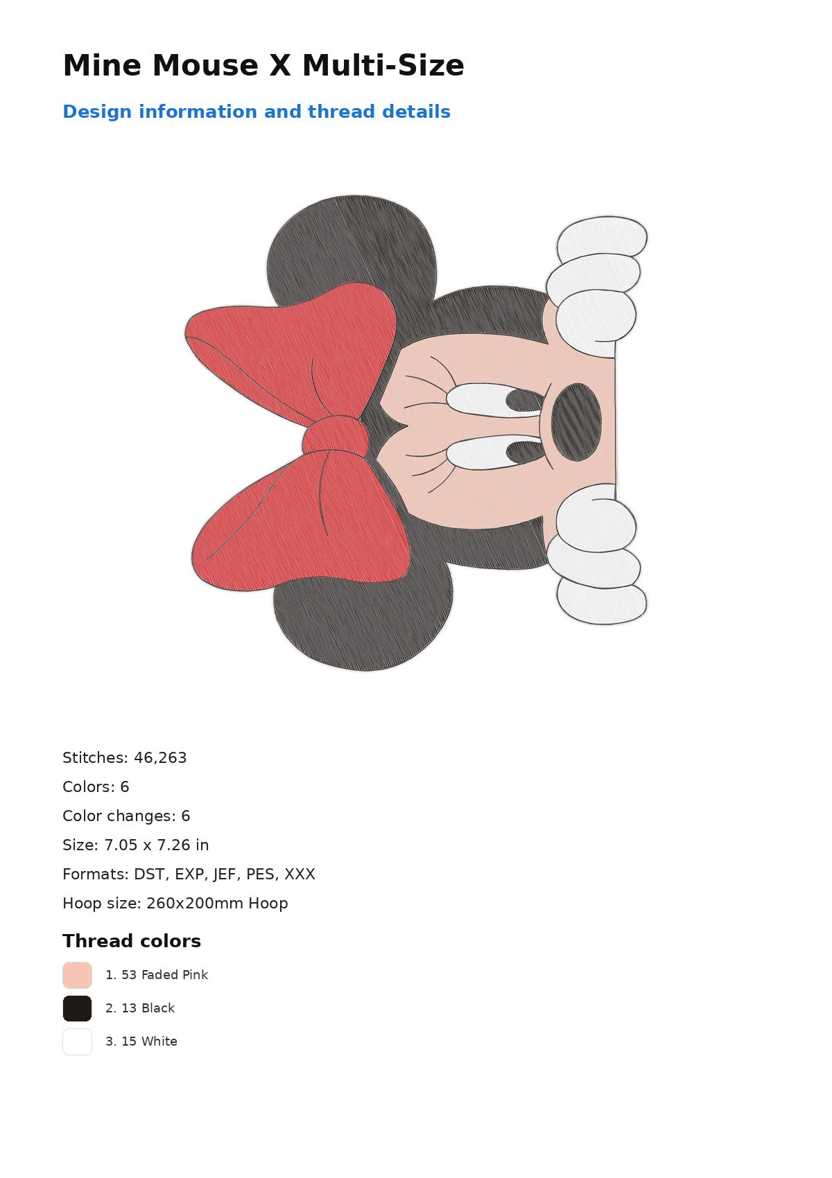 Mine Mouse X Multi-Size free machine embroidery design — 7.05×7.26 in — 46,263 stitches — 6 colors — DST, EXP, JEF, PES, XXX