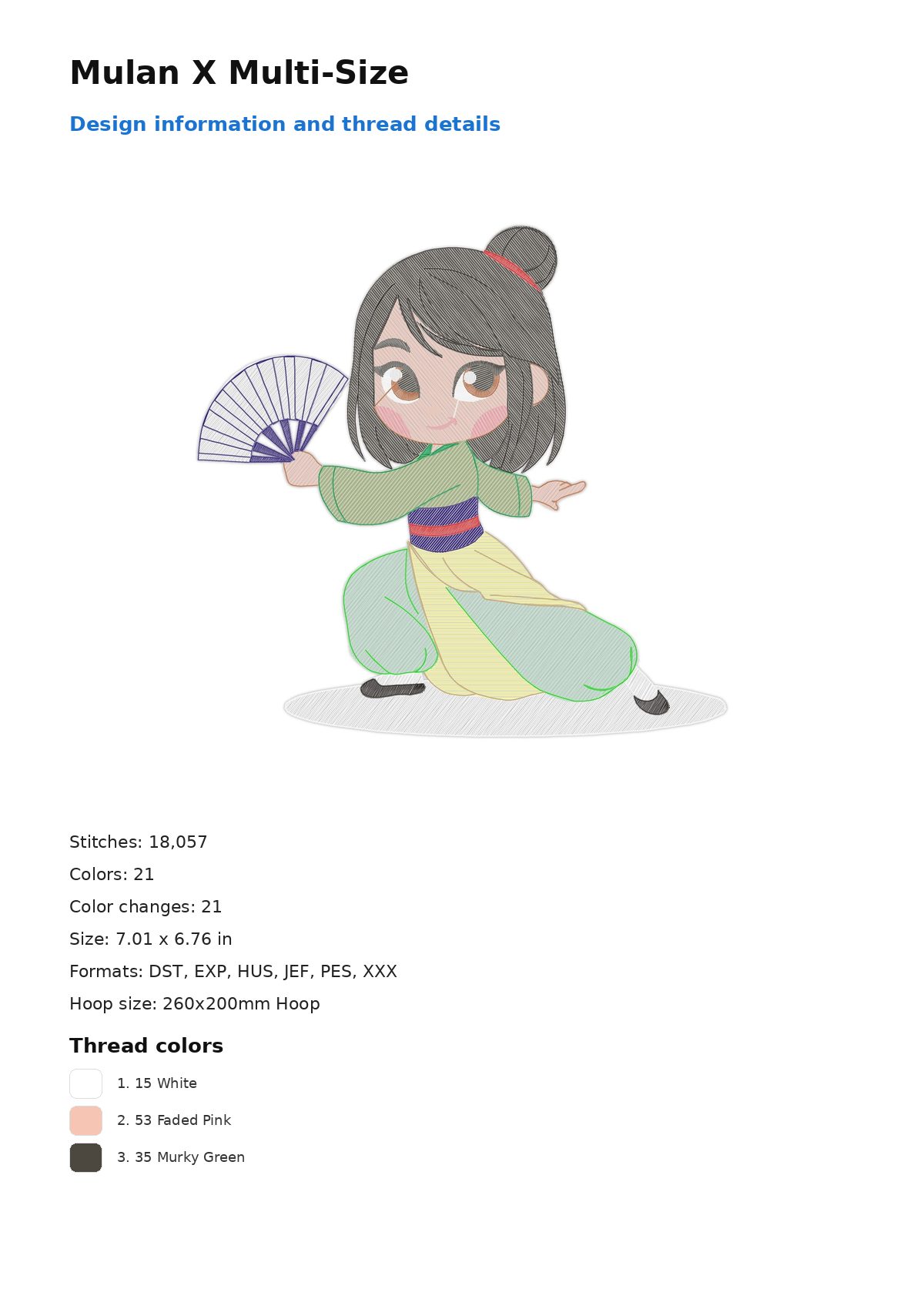 Mulan X Multi-Size free machine embroidery design — 7.01×6.76 in — 18,057 stitches — 21 colors — DST, EXP, HUS, JEF, PES