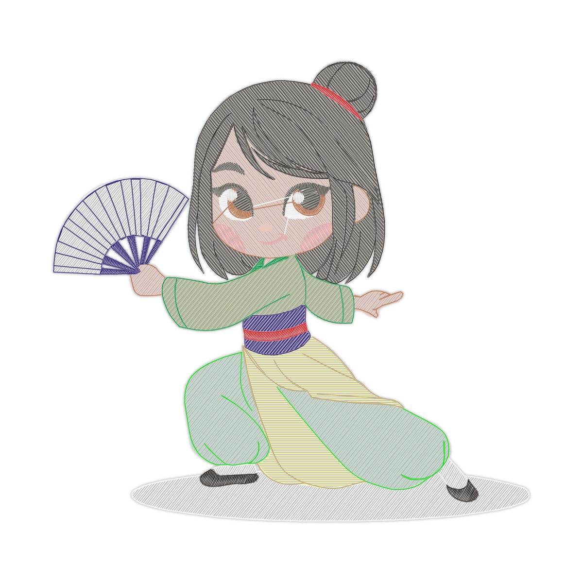 Mulan X Multi-Size free machine embroidery design — 5.22×5.03 in — 12,279 stitches — 21 colors — DST, EXP, HUS, JEF, PES