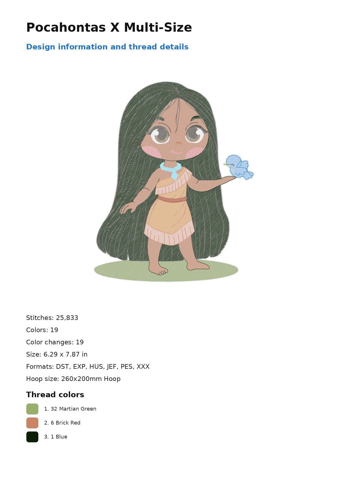 Pocahontas X Multi-Size free machine embroidery design — 6.29×7.87 in — 25,833 stitches — 19 colors — DST, EXP, HUS, JEF, PES