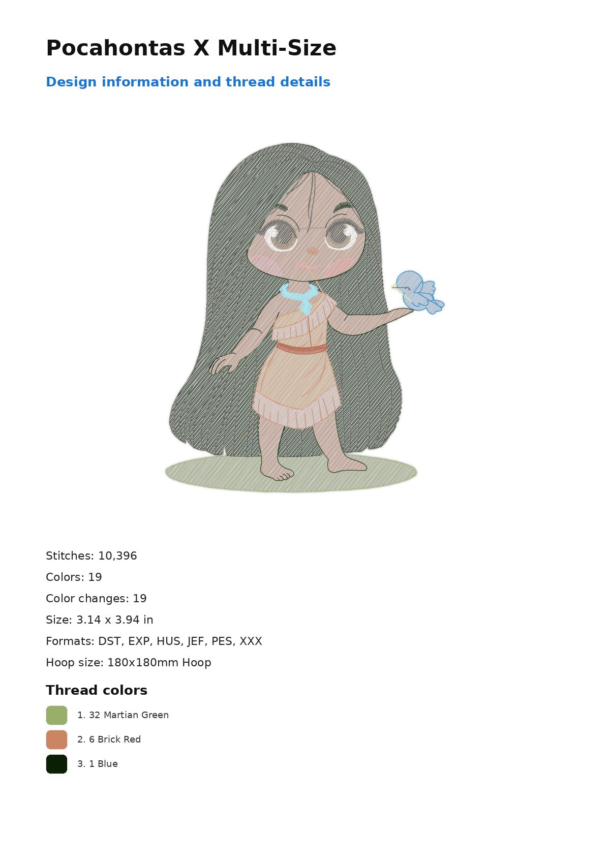 Pocahontas X Multi-Size free machine embroidery design — 3.14×3.94 in — 10,396 stitches — 19 colors — DST, EXP, HUS, JEF, PES