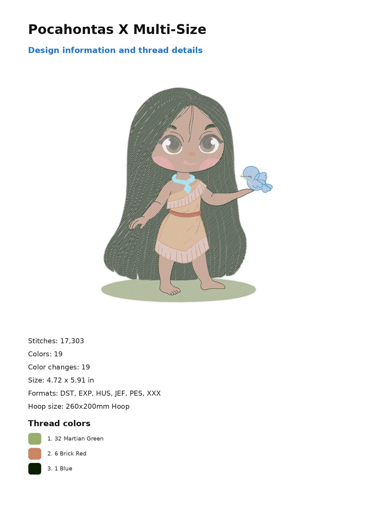 Pocahontas X Multi-Size free machine embroidery design — 4.72×5.91 in — 17,303 stitches — 19 colors — DST, EXP, HUS, JEF, PES