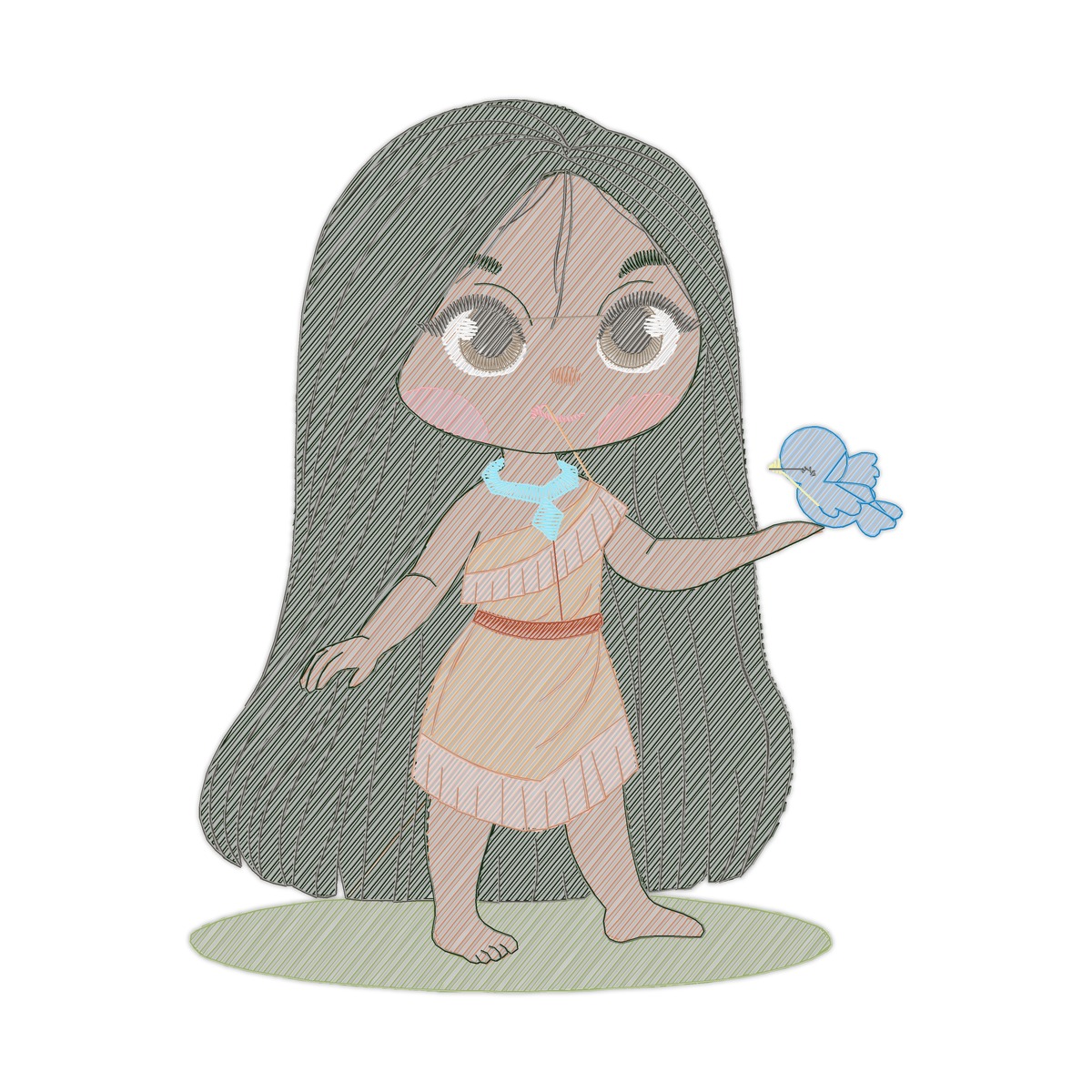 Pocahontas X Multi-Size free machine embroidery design — 3.14×3.94 in — 10,396 stitches — 19 colors — DST, EXP, HUS, JEF, PES