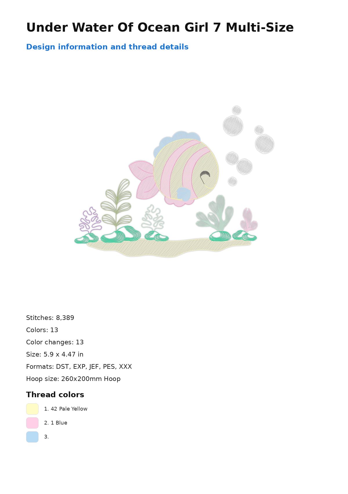 Under Water Of Ocean Girl 7 Multi-Size free machine embroidery design — 5.9×4.47 in — 8,389 stitches — 13 colors — DST, EXP, JEF, PES, XXX