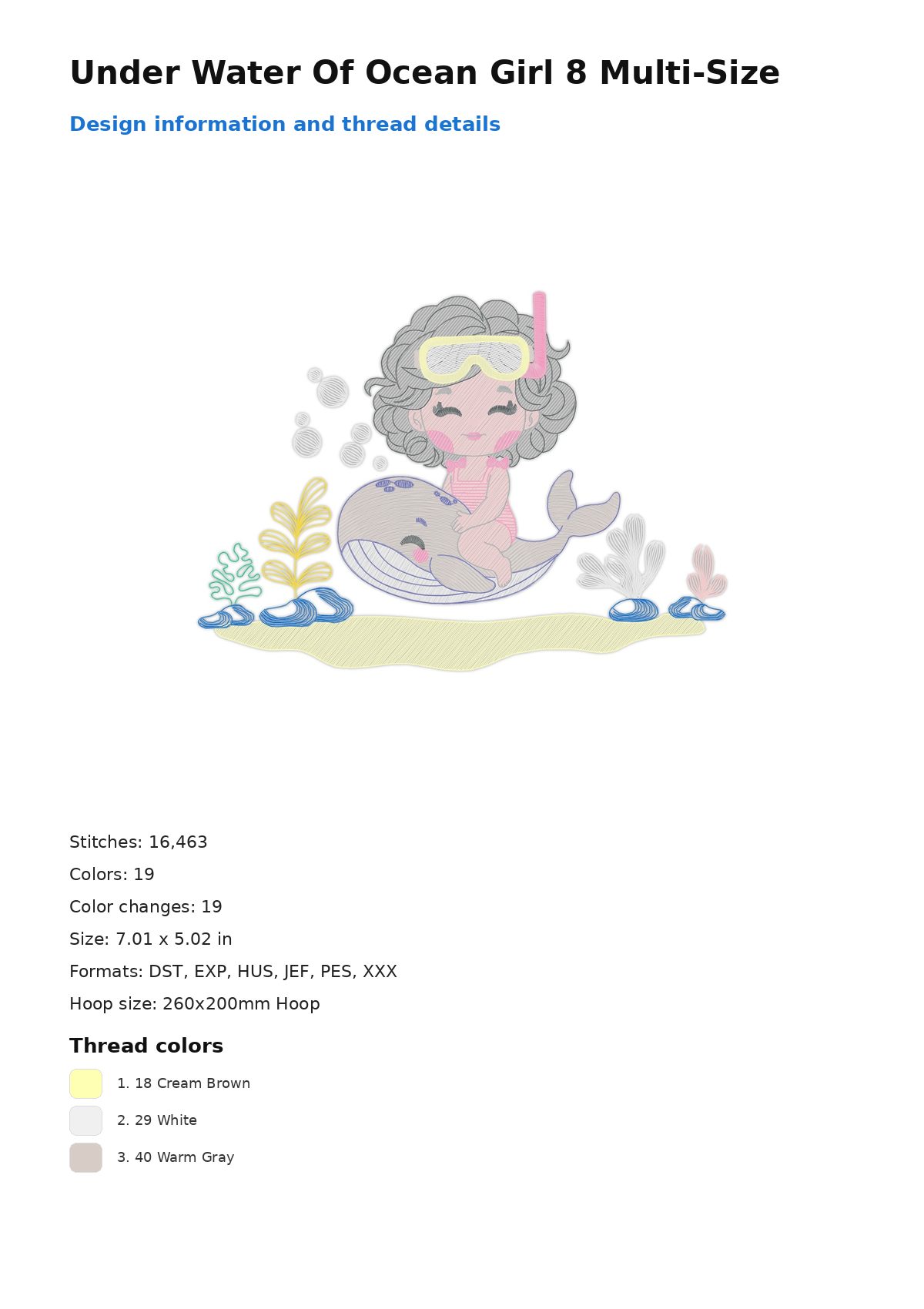Under Water Of Ocean Girl 8 Multi-Size free machine embroidery design — 7.01×5.02 in — 16,463 stitches — 19 colors — DST, EXP, HUS, JEF, PES