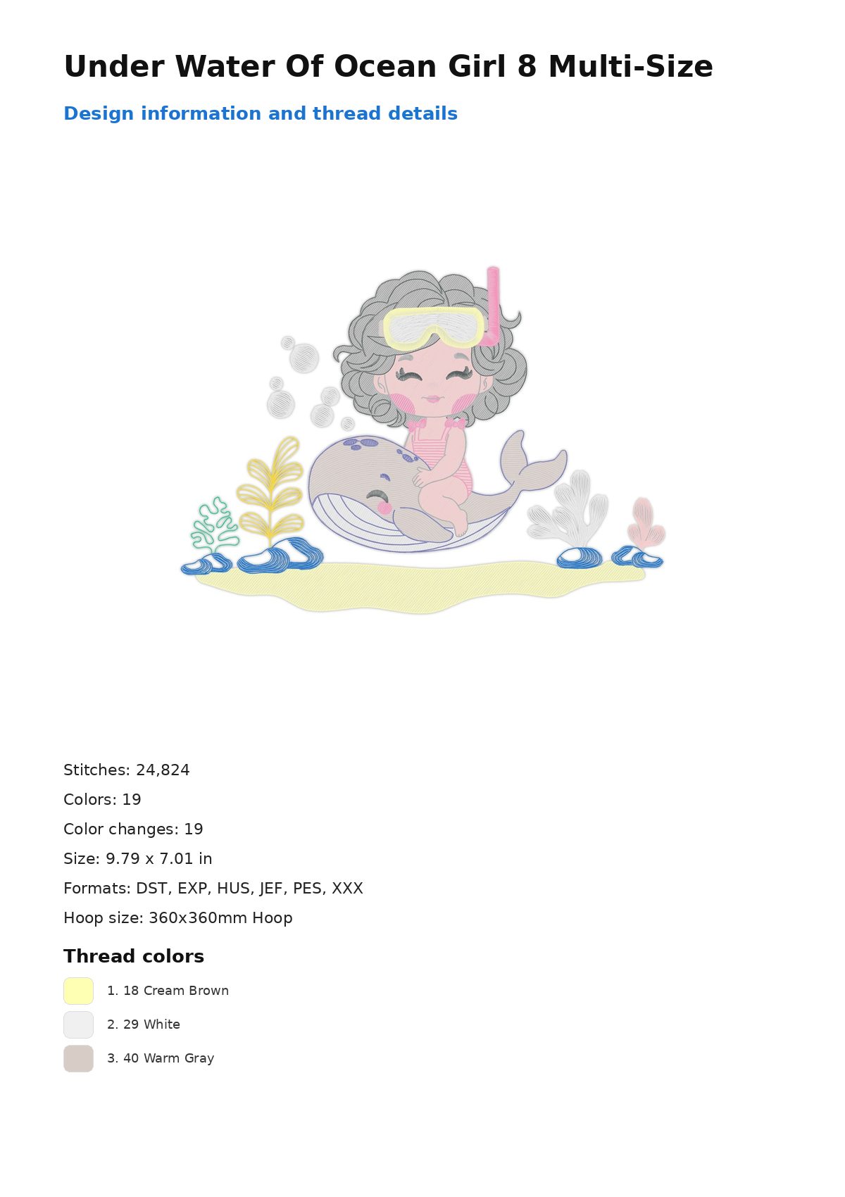 Under Water Of Ocean Girl 8 Multi-Size free machine embroidery design — 9.79×7.01 in — 24,824 stitches — 19 colors — DST, EXP, HUS, JEF, PES