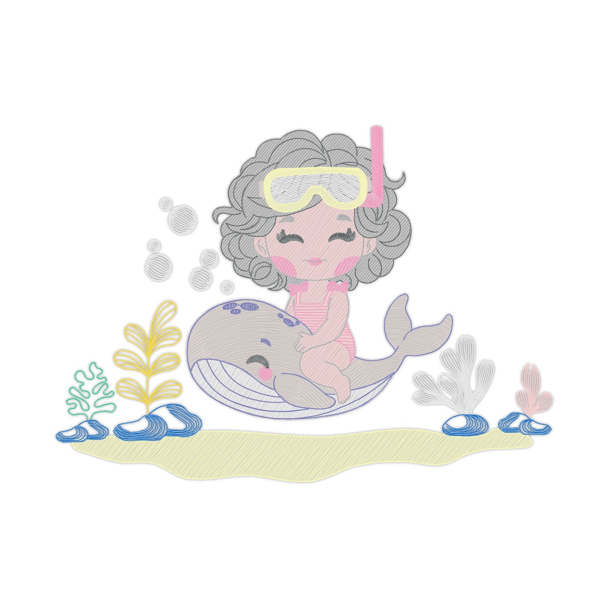 Under Water Of Ocean Girl 8 Multi-Size free machine embroidery design — 7.01×5.02 in — 16,463 stitches — 19 colors — DST, EXP, HUS, JEF, PES