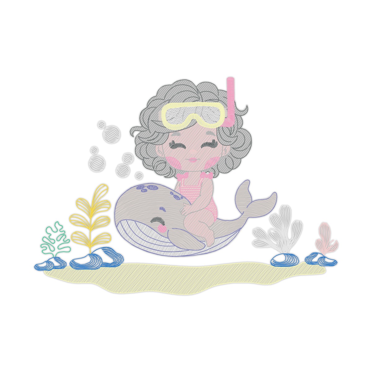 Under Water Of Ocean Girl 8 Multi-Size free machine embroidery design — 5.91×4.22 in — 13,586 stitches — 19 colors — DST, EXP, HUS, JEF, PES