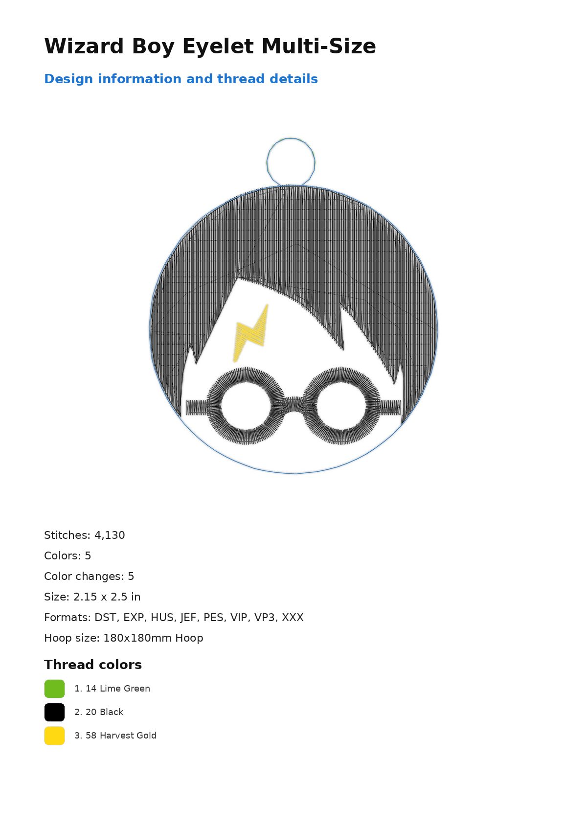 Wizard Boy Eyelet Multi-Size free machine embroidery design — 2.15×2.5 in — 4,130 stitches — 5 colors — DST, EXP, HUS, JEF, PES