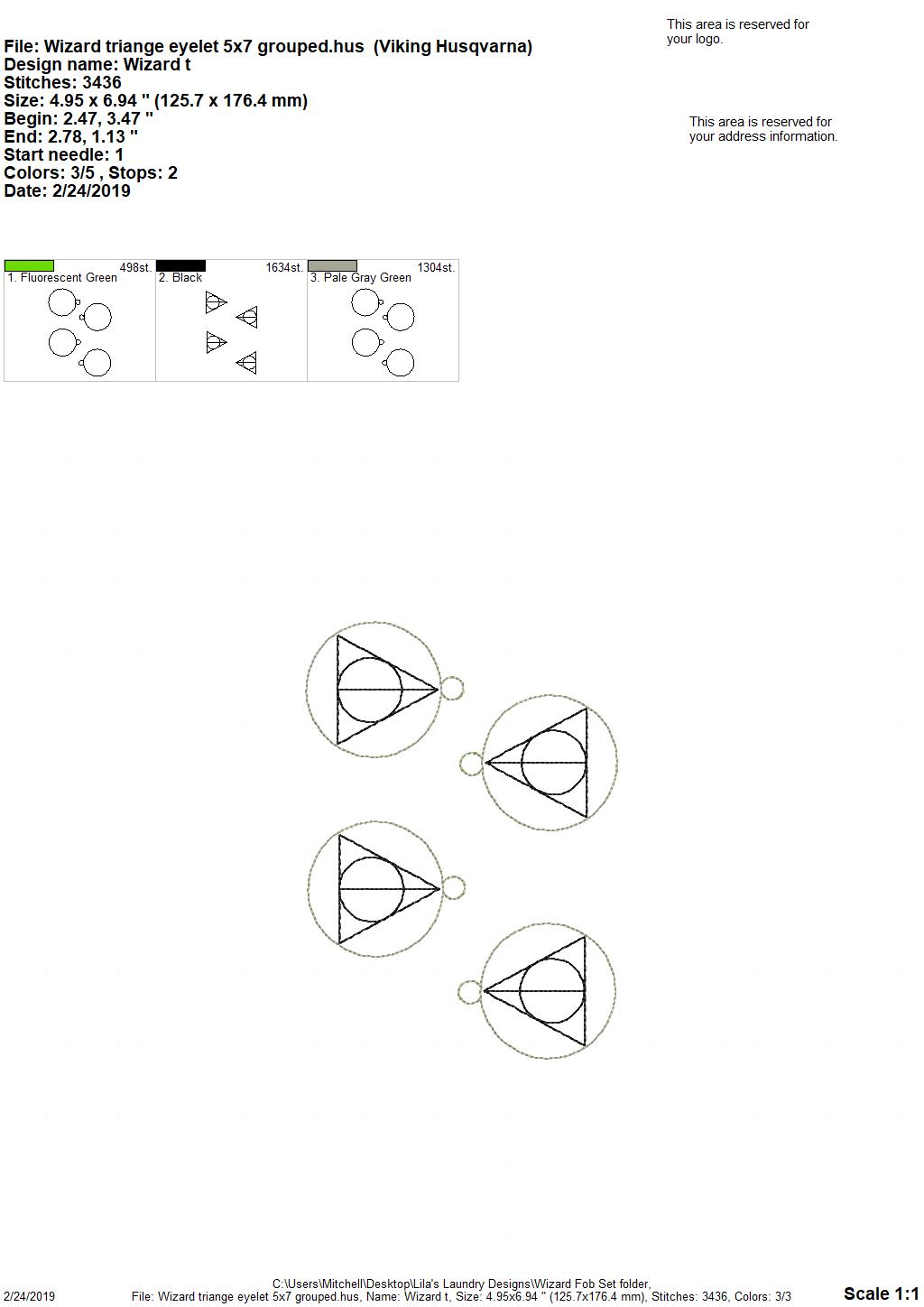 Wizard Triange Eyelet Grouped Multi-Size free machine embroidery design — 4.95×6.94 in — 3,392 stitches — 3 colors — DST, EXP, HUS, JEF, PES