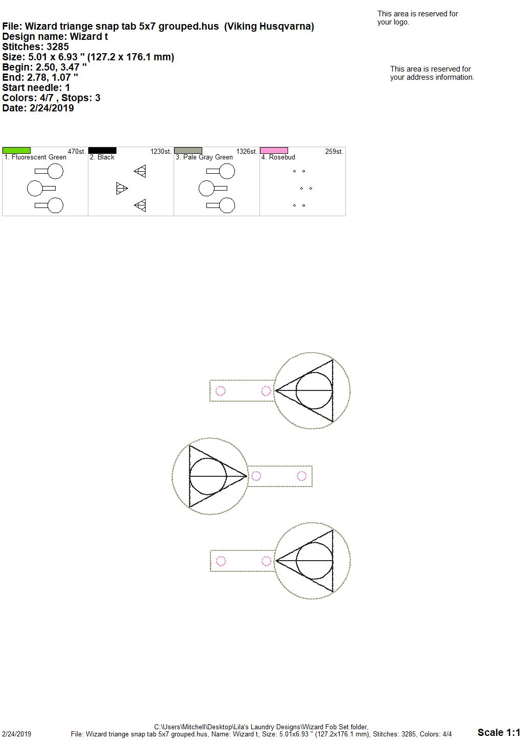 Wizard Triange Snap Tab Grouped Multi-Size free machine embroidery design — 5.01×6.93 in — 3,225 stitches — 4 colors — DST, EXP, HUS, JEF, PES